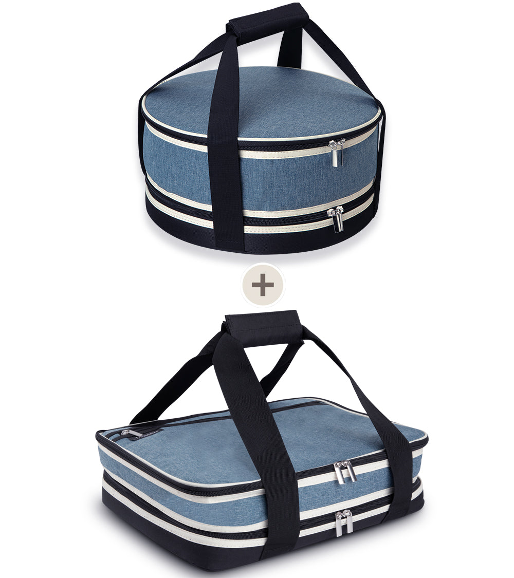Nestamor Premium Insulated Round and Rectangular Casserole Carrier Combo Set - Denim Blue