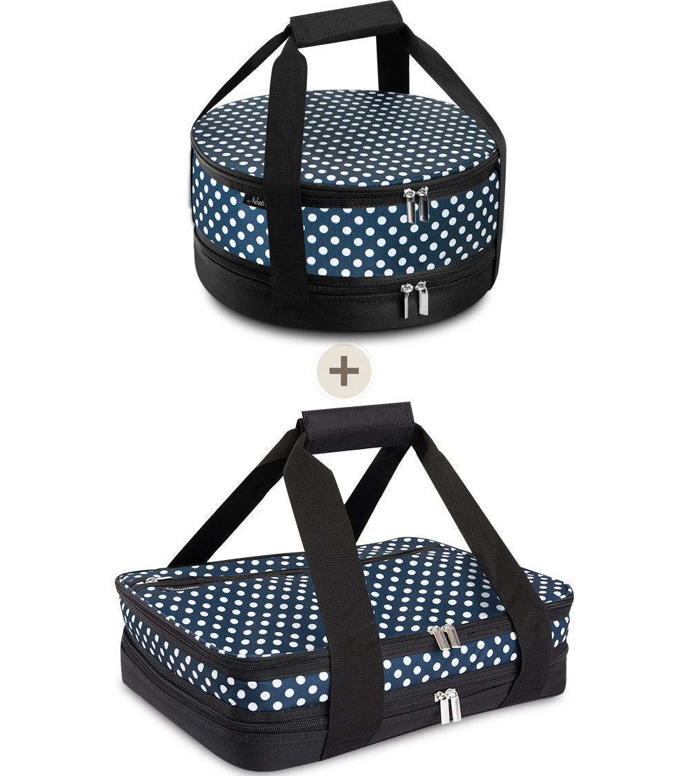 Nestamor Premium Insulated Round and Rectangular Casserole Carrier Combo Set - Navy and White Polka Dot