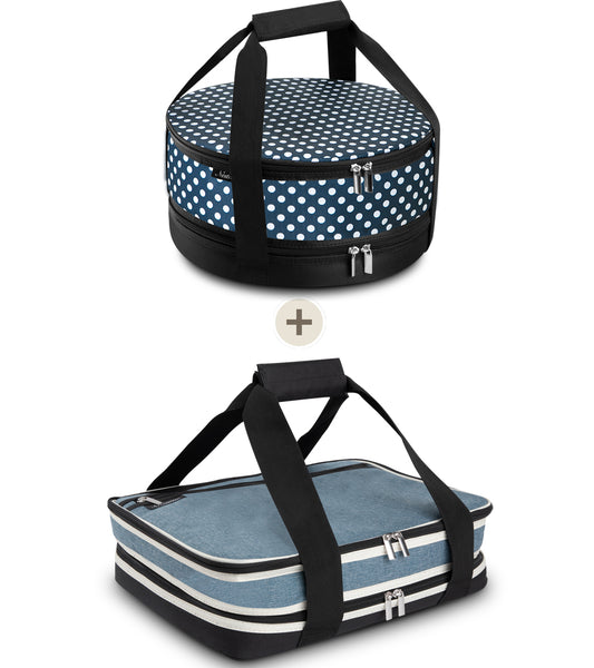 Nestamor Premium Insulated Round and Rectangular Casserole Carrier Combo Set - Denim Blue and Navy White Polka Dot