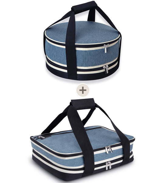 Nestamor Premium Insulated Round and Rectangular Casserole Carrier Combo Set - Denim Blue