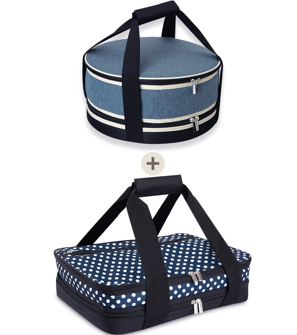 Nestamor Premium Insulated Round and Rectangular Casserole Carrier Combo Set - Denim Blue and Navy White Polka Dot