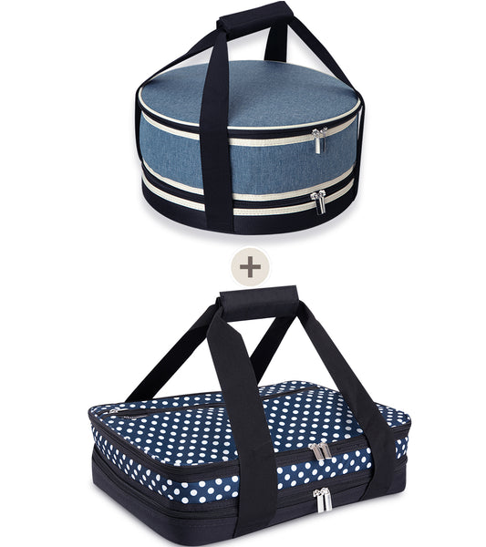 Nestamor Premium Insulated Round and Rectangular Casserole Carrier Combo Set - Denim Blue and Navy White Polka Dot