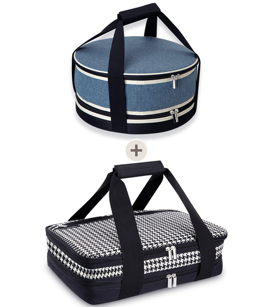 Nestamor Premium Insulated Round and Rectangular Casserole Carrier Combo Set - Denim Blue and Houndstooth