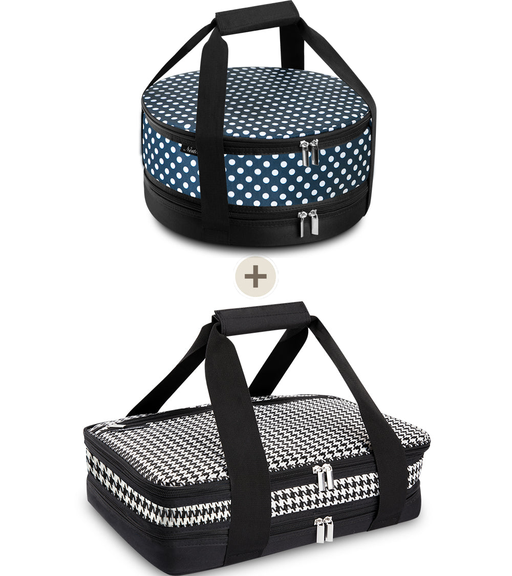 Nestamor Premium Insulated Round and Rectangular Casserole Carrier Combo Set - Navy White Polka Dot and Houndstooth