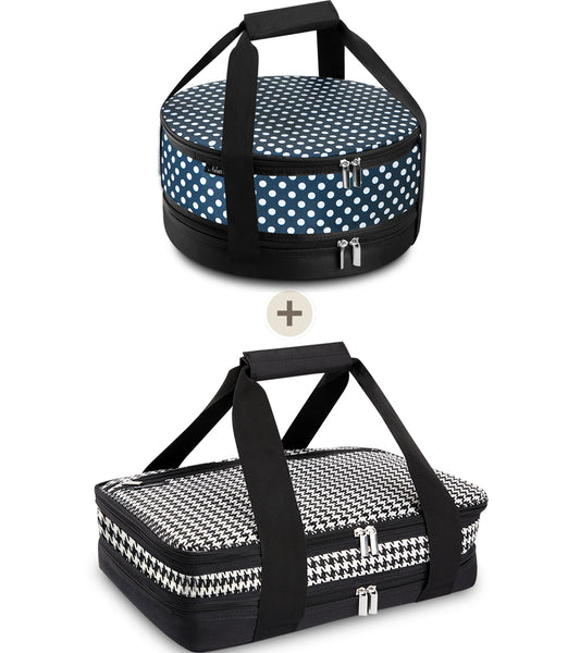 Nestamor Premium Insulated Round and Rectangular Casserole Carrier Combo Set - Navy White Polka Dot and Houndstooth