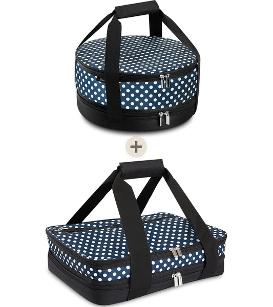 Nestamor Premium Insulated Round and Rectangular Casserole Carrier Combo Set - Navy and White Polka Dot
